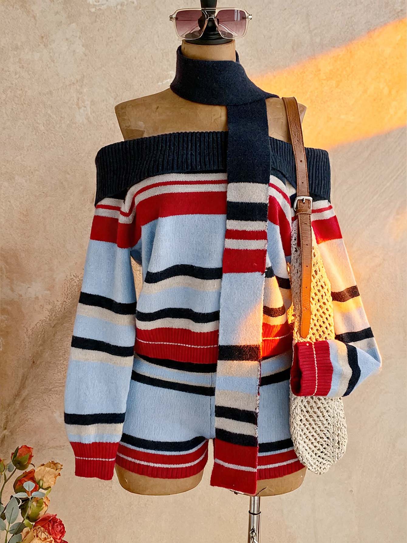 Soleia Women's Plus Size Autumn/Winter Striped Off-Shoulder Long Sleeve Sweater And Knitted Shorts Set Fall - Multicolor - View 1