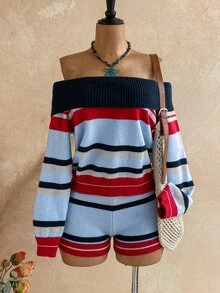 Soleia Women's Plus Size Autumn/Winter Striped Off-Shoulder Long Sleeve Sweater And Knitted Shorts Set Fall - Multicolor - View 6