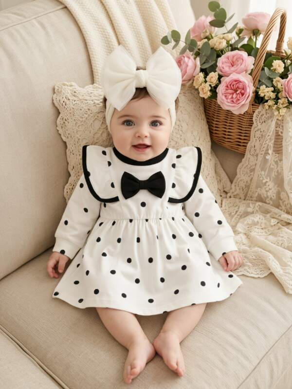 SHEIN 1pc Baby Girl Newborn Polka Dot Tutu Dress Cute Sweet White Black Bow Flutter Long Sleeve Crewneck Birthday Party Fall Princess Girly Flare A-Line
