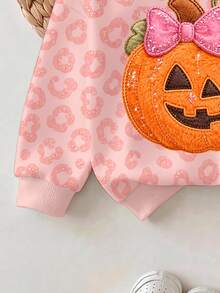 Baby Girl Embroidery Halloween Pumpkin Pattern Leopard Autumn Winter Sweatshirt & Leggings Set - Multicolor - View 6