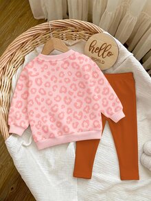 Baby Girl Embroidery Halloween Pumpkin Pattern Leopard Autumn Winter Sweatshirt & Leggings Set - Multicolor - View 5