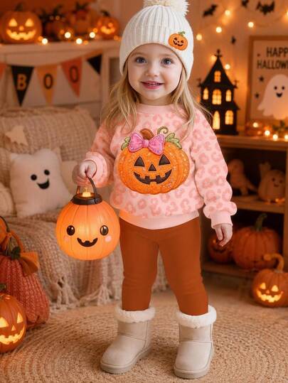 Baby Girl Embroidery Halloween Pumpkin Pattern Leopard Autumn Winter Sweatshirt & Leggings Set