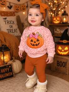 Baby Girl Embroidery Halloween Pumpkin Pattern Leopard Autumn Winter Sweatshirt & Leggings Set - Multicolor - View 3