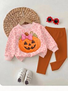 Baby Girl Embroidery Halloween Pumpkin Pattern Leopard Autumn Winter Sweatshirt & Leggings Set - Multicolor - View 4