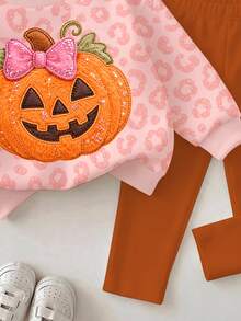 Baby Girl Embroidery Halloween Pumpkin Pattern Leopard Autumn Winter Sweatshirt & Leggings Set - Multicolor - View 8