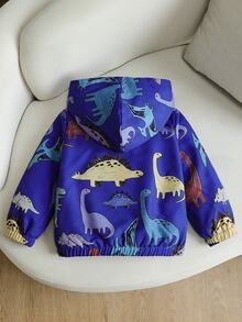 SHEIN 1件男孩秋冬灰色綠色卡通風格滿版彩色恐龍印花連帽拉鍊長袖外套，寬鬆舒適版型，適合日常穿著、學校活動、戶外玩耍、假期聚會、拍照拍攝 - 綠色 - 查看 2
