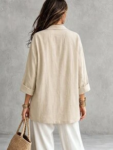 Linhara CURVE Plus Size Women's Casual Commute Versatile Woven Pure Cotton Open Front Thin Lapel Drop Shoulder Long Sleeve Blazer Jacket - Apricot - View 2