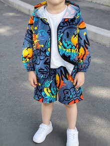 2件組小男孩塗鴉表情滿版印花運動連帽外套與短褲，適合日常穿著、學校、運動，適用春、夏、秋季 - 藍色 - 查看 4
