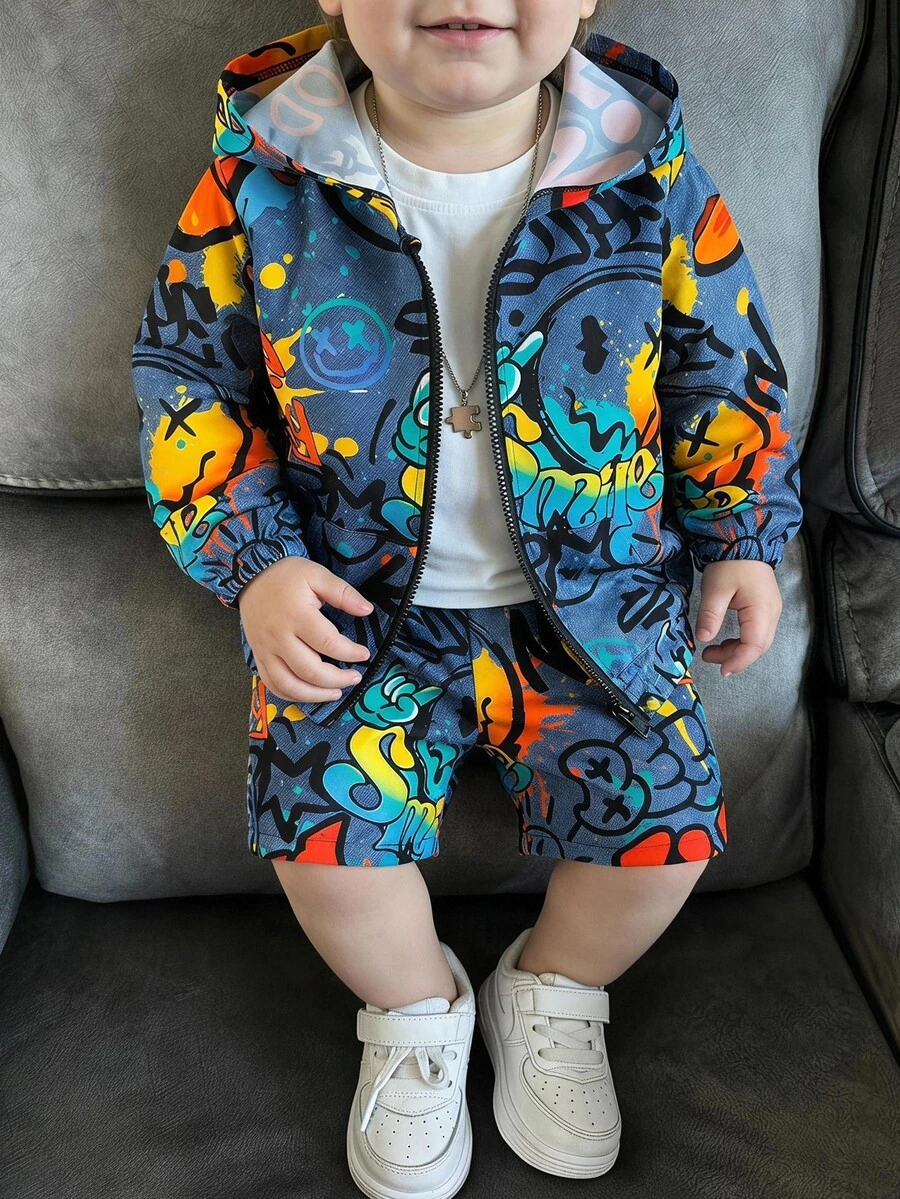 2pcs Young Boy Graffiti Expression All-Over Print Sports Hoodie Jacket And Shorts, Suitable For Daily Wear, School, Sports, Spring, Summer, Autumn - Blue - View 1