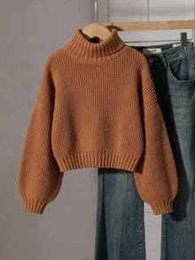 Tween女孩長袖高領毛衣，大地色系純色打底毛衣，適合春、秋、冬穿著，可搭配牛仔褲、夾克、棉外套 - 棕色 - 查看 1