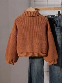 Tween女孩長袖高領毛衣，大地色系純色打底毛衣，適合春、秋、冬穿著，可搭配牛仔褲、夾克、棉外套 - 棕色 - 查看 2