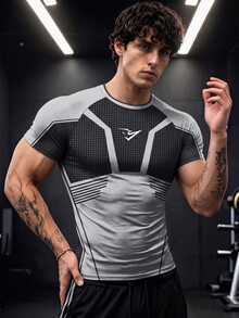 GymBeat 男士極簡條紋拼色圓領短袖運動T恤，健身房適用 - 彩色 - 查看 1