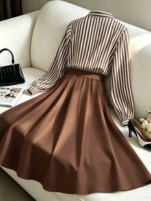 Linhara CURVE Plus Size Women's Fine-Woven Striped Autumn Dress Fall - Coffee Brown - View 2