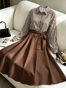 Linhara CURVE Plus Size Women's Fine-Woven Striped Autumn Dress Fall - Coffee Brown - View 4