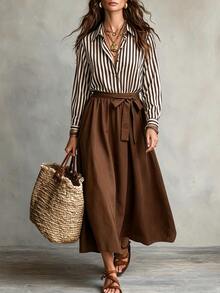 Linhara CURVE Plus Size Women's Fine-Woven Striped Autumn Dress Fall - Coffee Brown - View 1