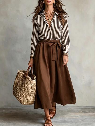 Linhara CURVE Abito autunnale a righe in tessuto fine per donna taglie forti