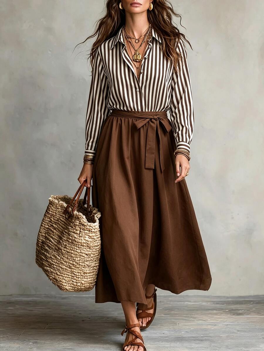 Linhara CURVE Plus Size Women's Fine-Woven Striped Autumn Dress Fall - Coffee Brown - View 1