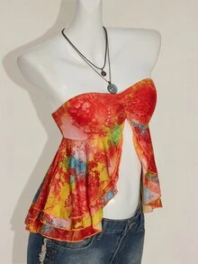 SHEIN ICON Women's Printed Strapless Cut-Out Shoulder Sleeveless Crop Ruffled Top, Summer Y2K Party - Yellow - View 7