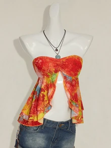 SHEIN ICON Women's Printed Strapless Cut-Out Shoulder Sleeveless Crop Ruffled Top, Summer Y2K Party - Yellow - View 6