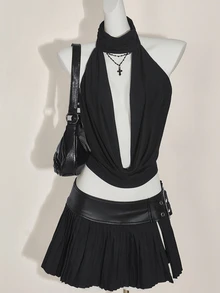 SHEIN ICON 2 件套领口露背背心和低腰迷你裙套装 - 黑色 - 查看 13