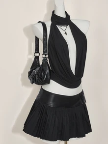 SHEIN ICON 2 件套领口露背背心和低腰迷你裙套装 - 黑色 - 查看 4