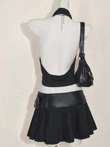 SHEIN ICON 2 件套领口露背背心和低腰迷你裙套装 - 黑色 - 查看 2