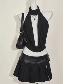 SHEIN ICON 2 件套领口露背背心和低腰迷你裙套装 - 黑色 - 查看 14
