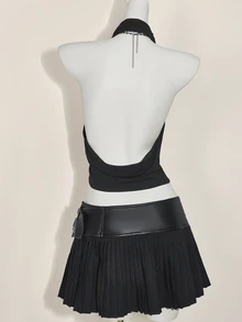 SHEIN ICON 2 件套领口露背背心和低腰迷你裙套装 - 黑色 - 查看 9