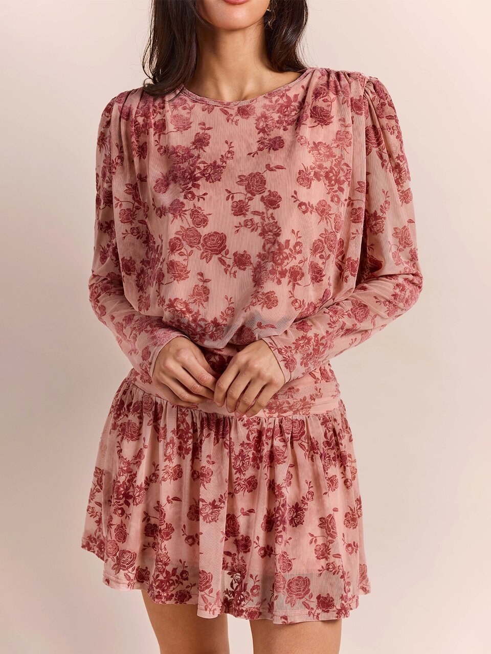 Enchnt Premium Pre-Fall Romantic Women's Elegant Dusty Pink Floral Flocked Slimming Dress,Birthday,Festival Outfits,Autumn,Wedding Brunch Dinner Date