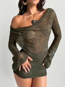 Aloruh Women's Summer Olive Green Lace Sheer Plunging Neck Long Sleeve Mini Dress, Chocolate Brown Beach Cover Up,Casual Holiday Vacation Swimwear - Olive Green - View 9