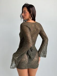 Aloruh Women's Summer Olive Green Lace Sheer Plunging Neck Long Sleeve Mini Dress, Chocolate Brown Beach Cover Up,Casual Holiday Vacation Swimwear - Olive Green - View 8