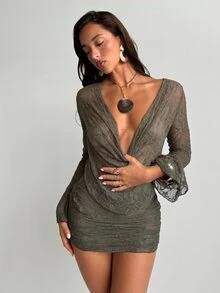 Aloruh Women's Summer Olive Green Lace Sheer Plunging Neck Long Sleeve Mini Dress, Chocolate Brown Beach Cover Up,Casual Holiday Vacation Swimwear - Olive Green - View 3