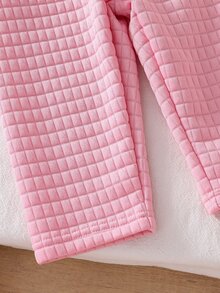 2pcs/Set Baby Girl Long Sleeve Pants Quilted Home Wear, Light Pink Ruffle Collar Plaid Simple Gentle Style, 3-Layer Quilted Air Layer Fabric, Baby Spring/Autumn Home And Daily Outings - Pink - View 7