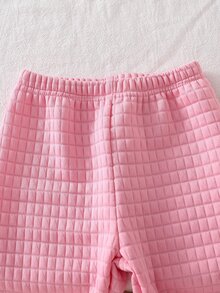2pcs/Set Baby Girl Long Sleeve Pants Quilted Home Wear, Light Pink Ruffle Collar Plaid Simple Gentle Style, 3-Layer Quilted Air Layer Fabric, Baby Spring/Autumn Home And Daily Outings - Pink - View 6