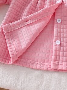 2pcs/Set Baby Girl Long Sleeve Pants Quilted Home Wear, Light Pink Ruffle Collar Plaid Simple Gentle Style, 3-Layer Quilted Air Layer Fabric, Baby Spring/Autumn Home And Daily Outings - Pink - View 5