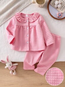 2pcs/Set Baby Girl Long Sleeve Pants Quilted Home Wear, Light Pink Ruffle Collar Plaid Simple Gentle Style, 3-Layer Quilted Air Layer Fabric, Baby Spring/Autumn Home And Daily Outings - Pink - View 4