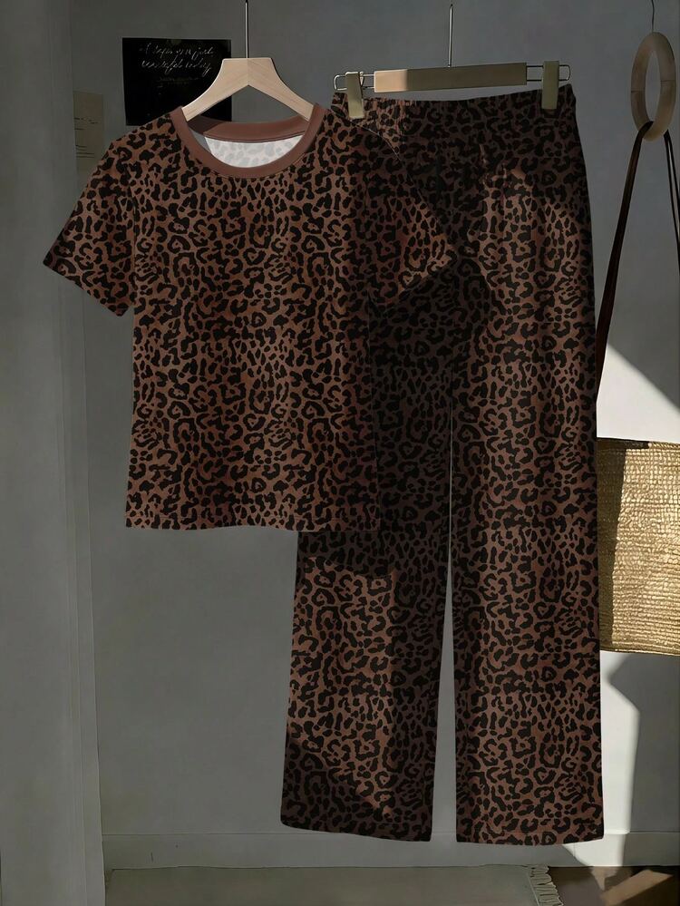 Teen Girls Vintage Leopard Print Round Neck Short Sleeve T-Shirt And Wide Leg Pants 2-Piece Casual Set - Multicolor - View 6