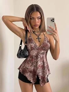 SHEIN ICON 复古印花露背细肩带吊带衫 - 棕色 - 查看 1