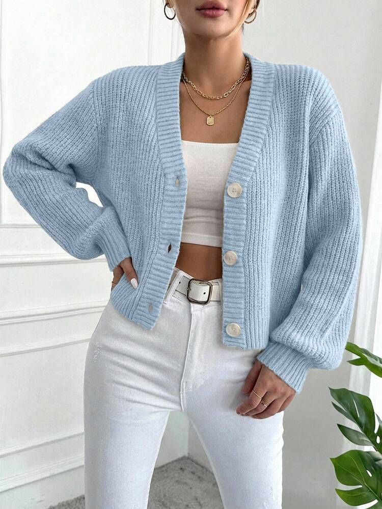 EURMUSE Women's Solid Color V-Neck Single-Breasted Casual Versatile Long Sleeve Cardigan, Suitable For Autumn/Winter Daily Wear - Baby Blue - View 3