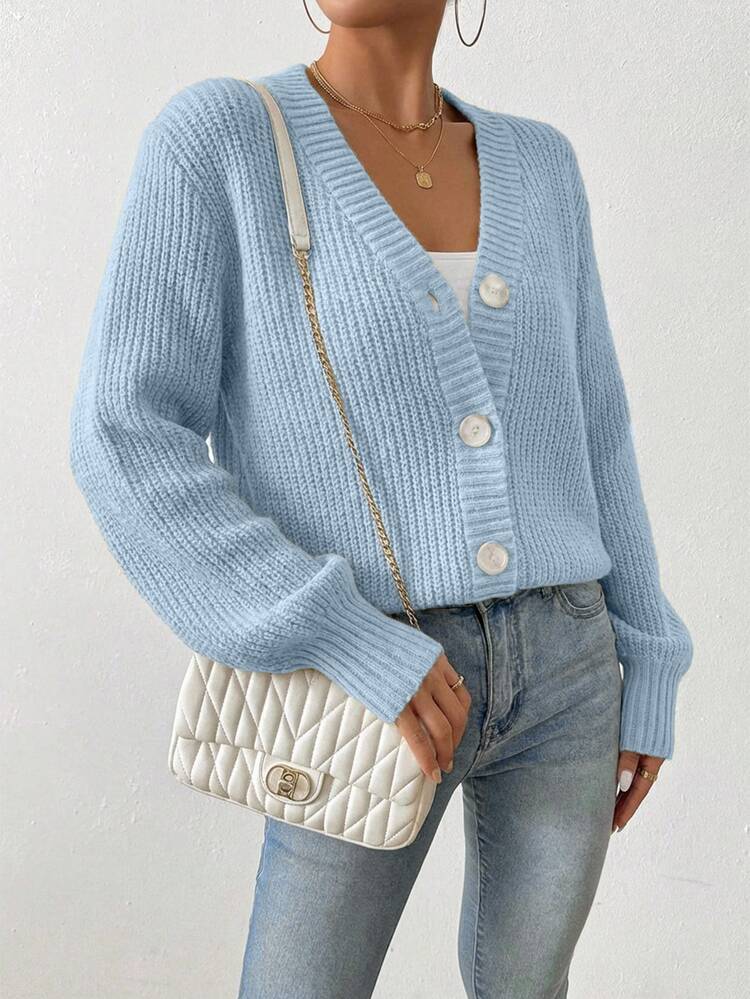 EURMUSE Women's Solid Color V-Neck Single-Breasted Casual Versatile Long Sleeve Cardigan, Suitable For Autumn/Winter Daily Wear - Baby Blue - View 4