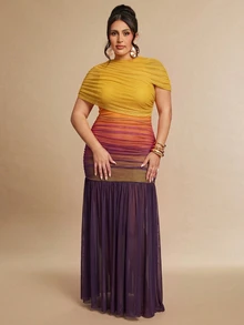 SHEIN BAE 大尺碼優雅派對漸層網紗洋裝 - 彩色 - 查看 6