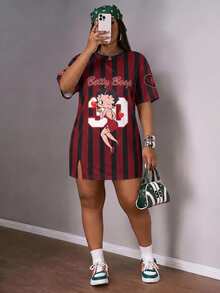 Slaydiva Betty Boop x SHEIN Contrast Color Striped Cartoon Print Round Neck Split Hem Plus Size Dress - Multicolor - View 1