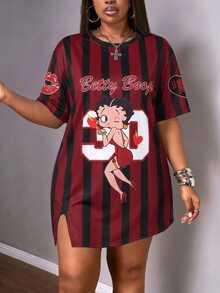 Slaydiva Betty Boop x SHEIN Contrast Color Striped Cartoon Print Round Neck Split Hem Plus Size Dress - Multicolor - View 3