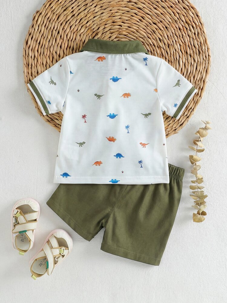 Souflis Souflis 0-3 Years Boys Dinosaur Print Lapel Comfortable Fabric Suitable For Back To School Vacation Holiday Party White Olive Green Summer Cute Kawaii - Green - View 3