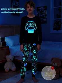 Boys' Game Console Fluorescent Print Long Sleeve Top And Long Pants Snug Fit Comfortable 2 Pieces Loungewear Set - Multicolor - View 3