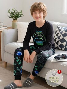 Boys' Game Console Fluorescent Print Long Sleeve Top And Long Pants Snug Fit Comfortable 2 Pieces Loungewear Set - Multicolor - View 5