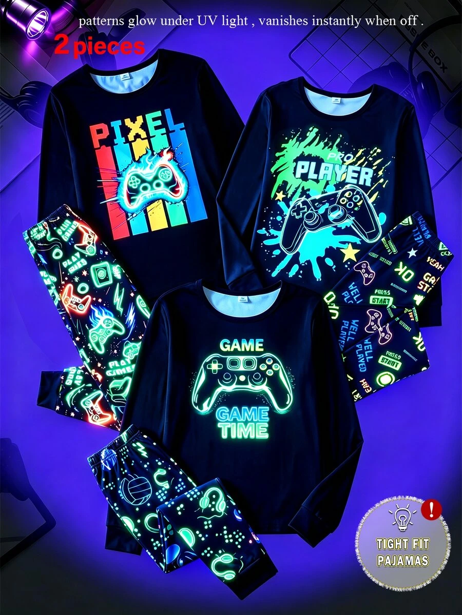 Boys' Game Console Fluorescent Print Long Sleeve Top And Long Pants Snug Fit Comfortable 2 Pieces Loungewear Set - Multicolor - View 1