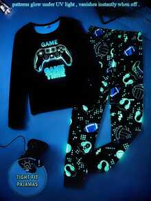 Boys' Game Console Fluorescent Print Long Sleeve Top And Long Pants Snug Fit Comfortable 2 Pieces Loungewear Set - Multicolor - View 4