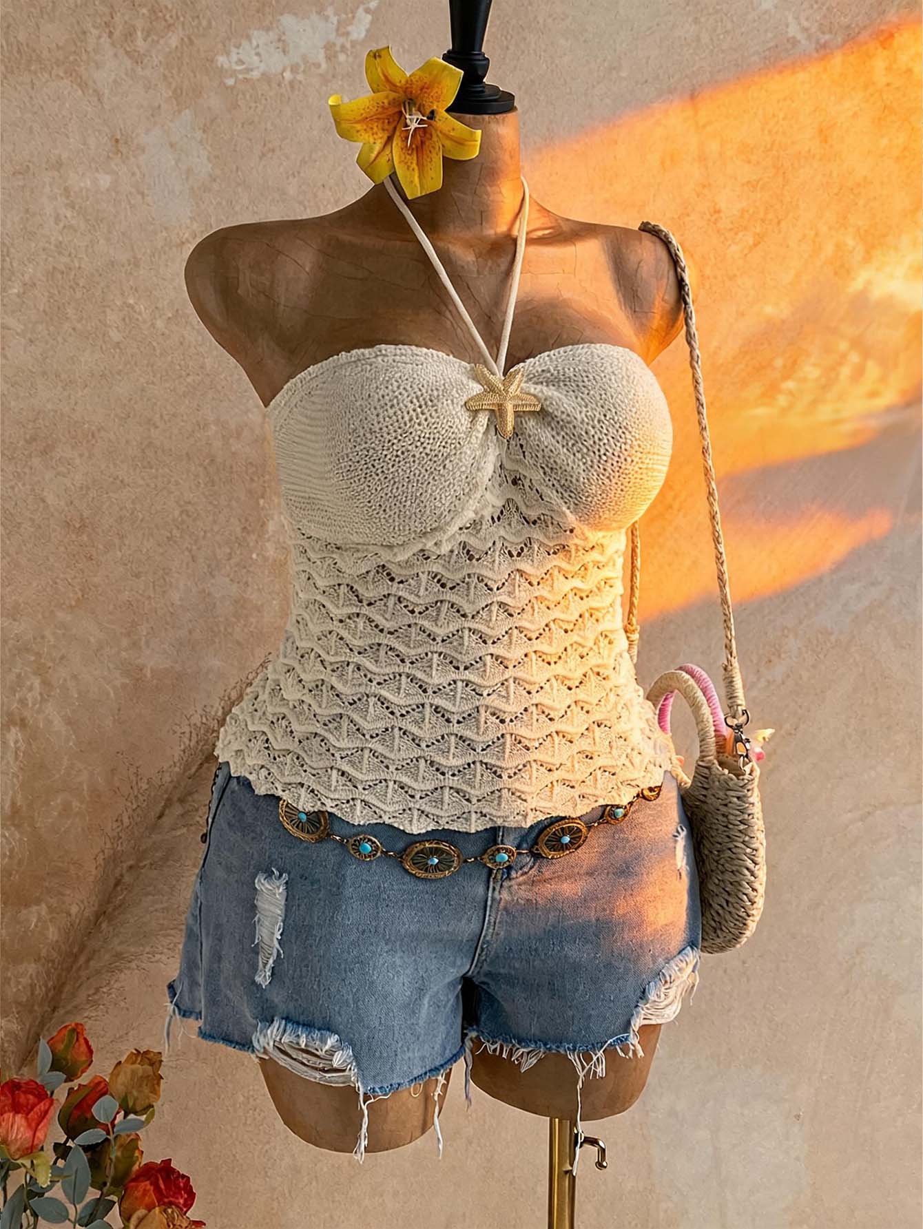 Soleia Women's Plus Size Metal Starfish Halter Knit Top - Beige - View 1