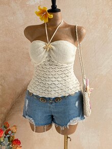 Soleia Women's Plus Size Metal Starfish Halter Knit Top - Beige - View 5